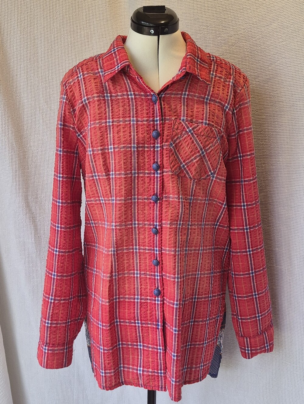 Aratta Red Mixed-Print Long-Sleeve Blouse with Navy & Cream Panels